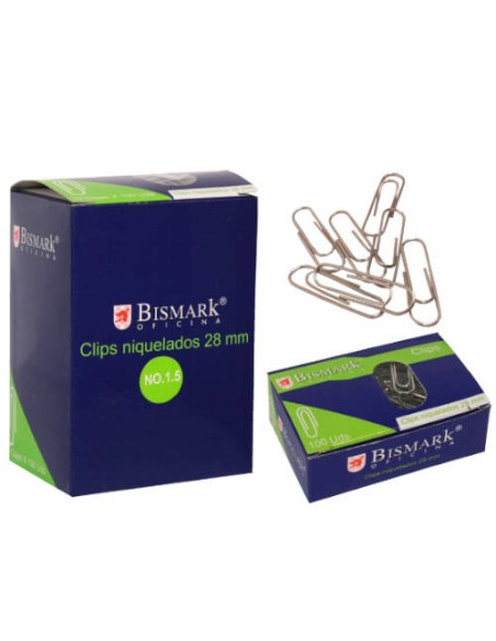 CAJA 100 CLIPS LABIADOS NIQUELADOS PUNTA REDONDA Nº 1,5 DE 28 MM. BISMARK 316866